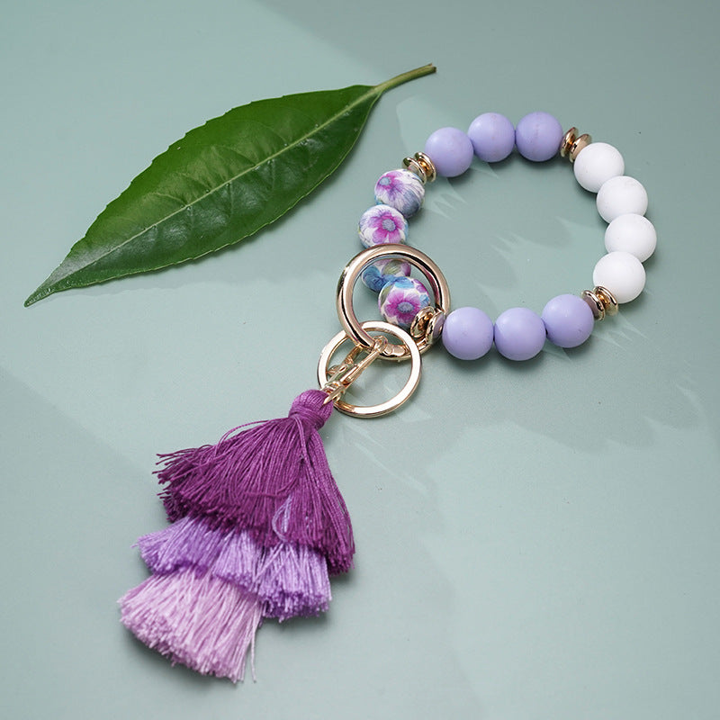 Wholesale Colorful Silicone Beads Three Layers Tassel Beaded Wrist Keychain